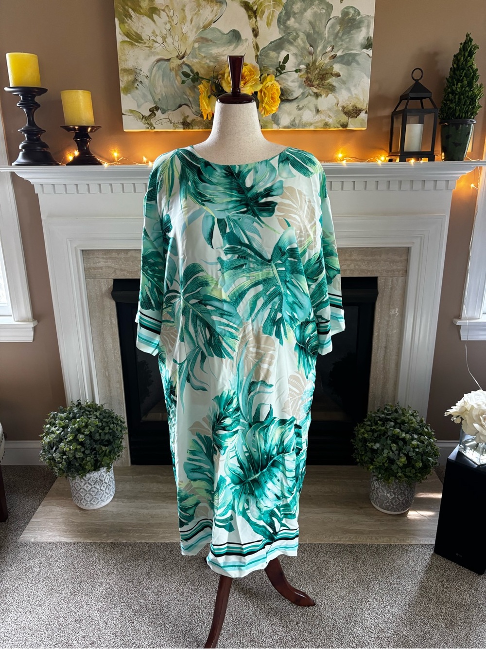 Chico's Green Teal and White Tropical Leaf Midi Dress